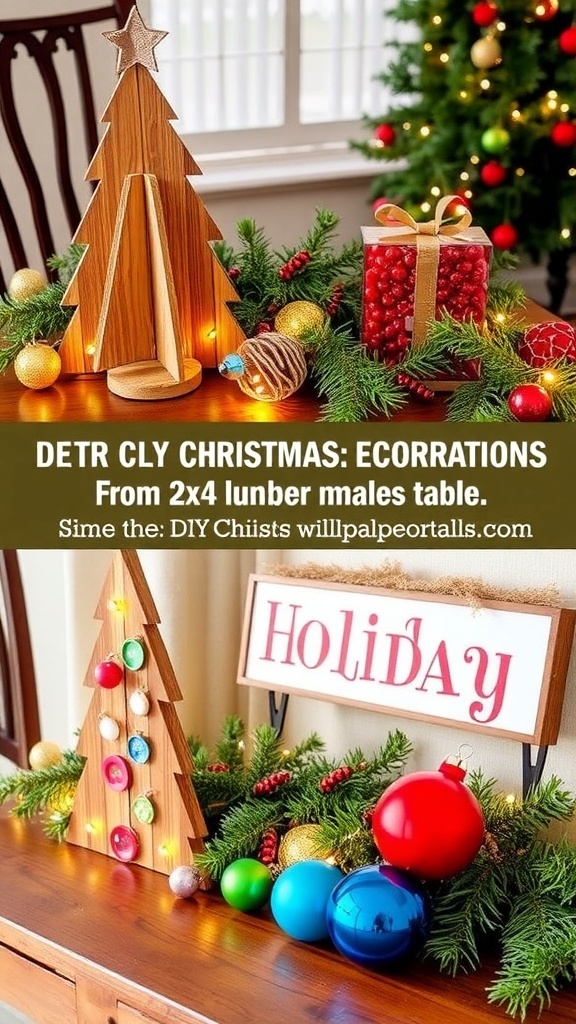 DIY Christmas decorations made from 2x4 lumber, featuring a wooden tree and holiday sign on a festive table.